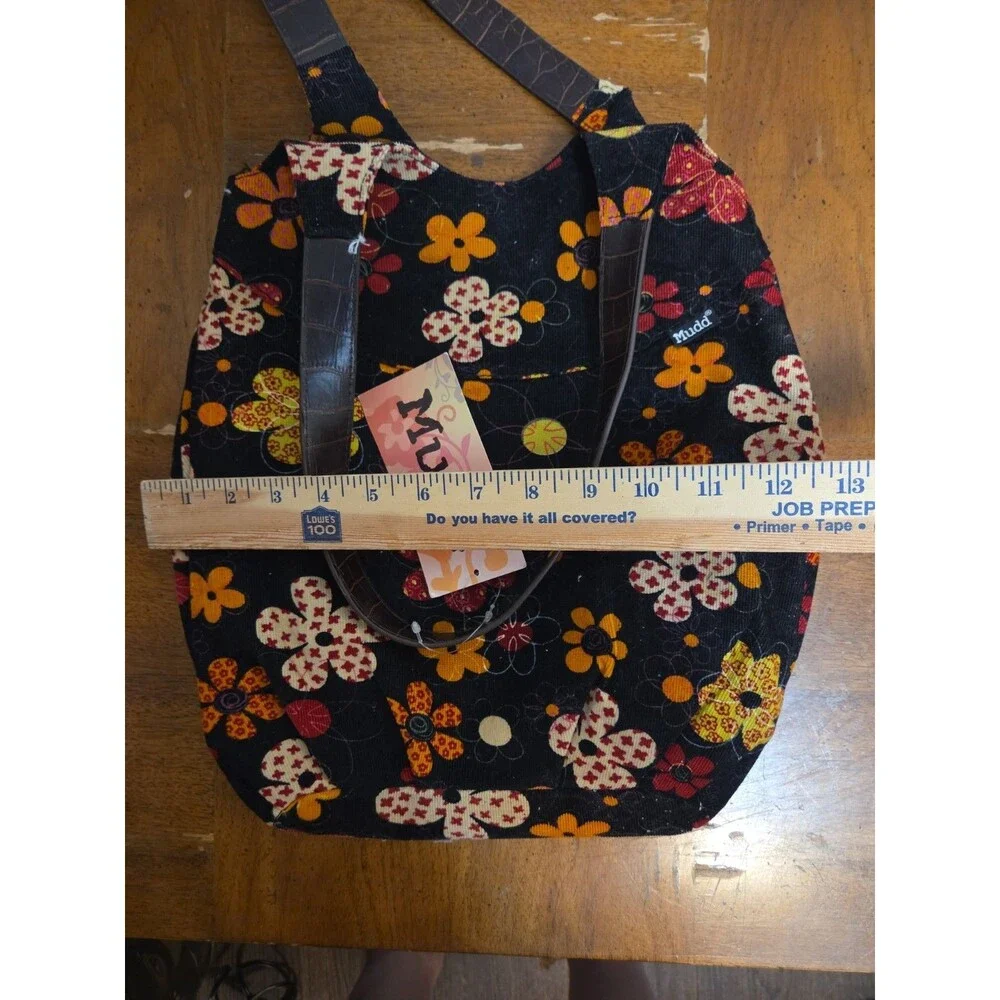 Mudd Shoulder Tote Bag Black Floral Corderoy Purse Boho Hippie Grunge Y2K Vntg